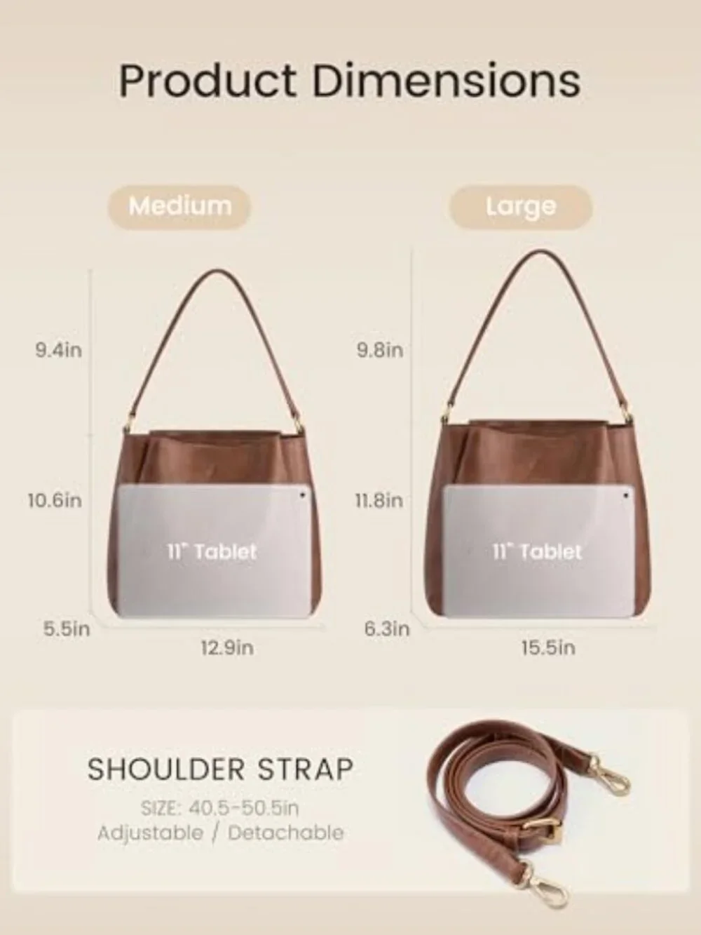 Waterproof Vegan Leather Hobo Bag with 3 Compartments Work Travel Purse